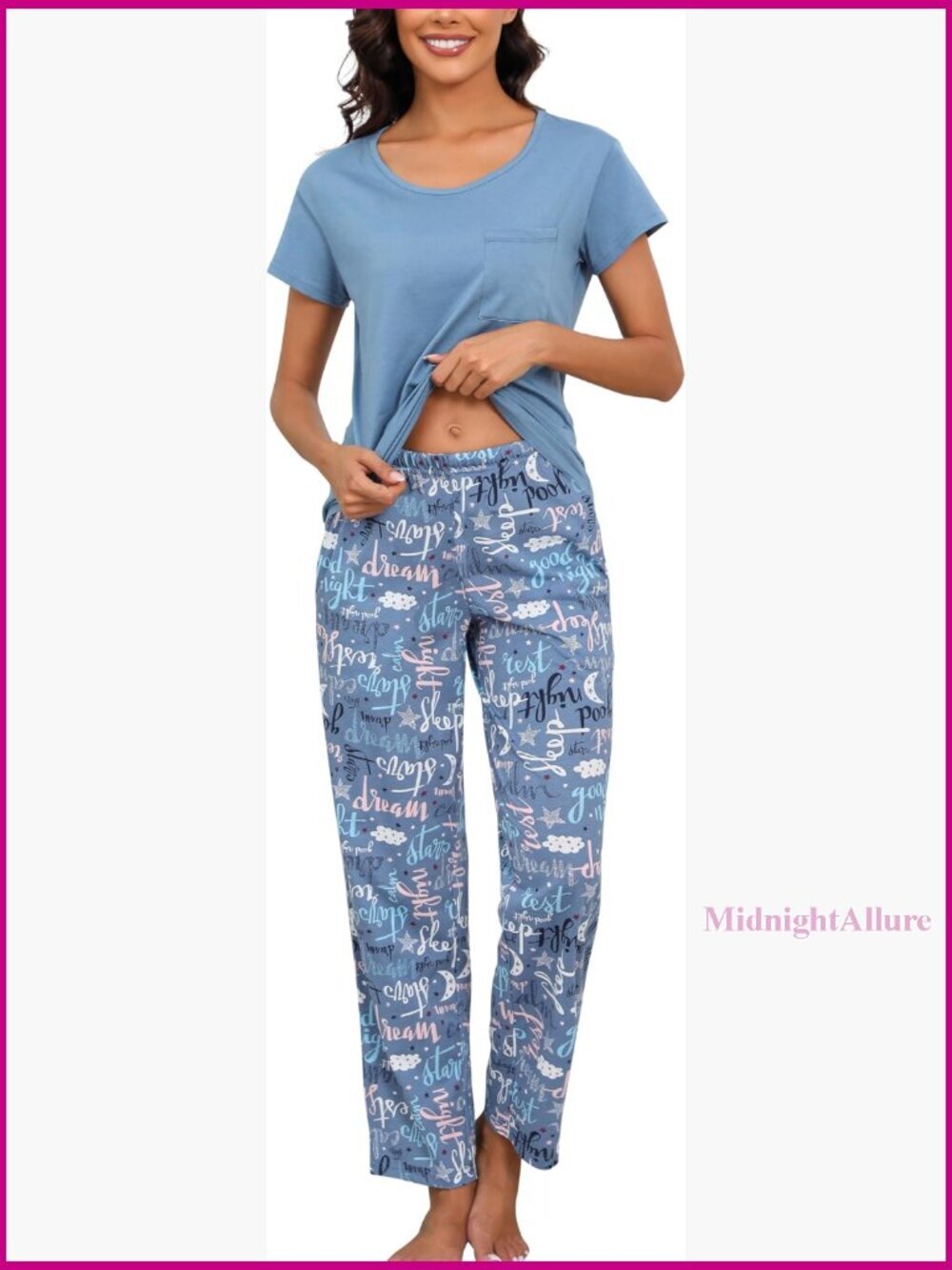 Womens Cotton Pajama Set Short Sleeve Top With Pants Lounge Set